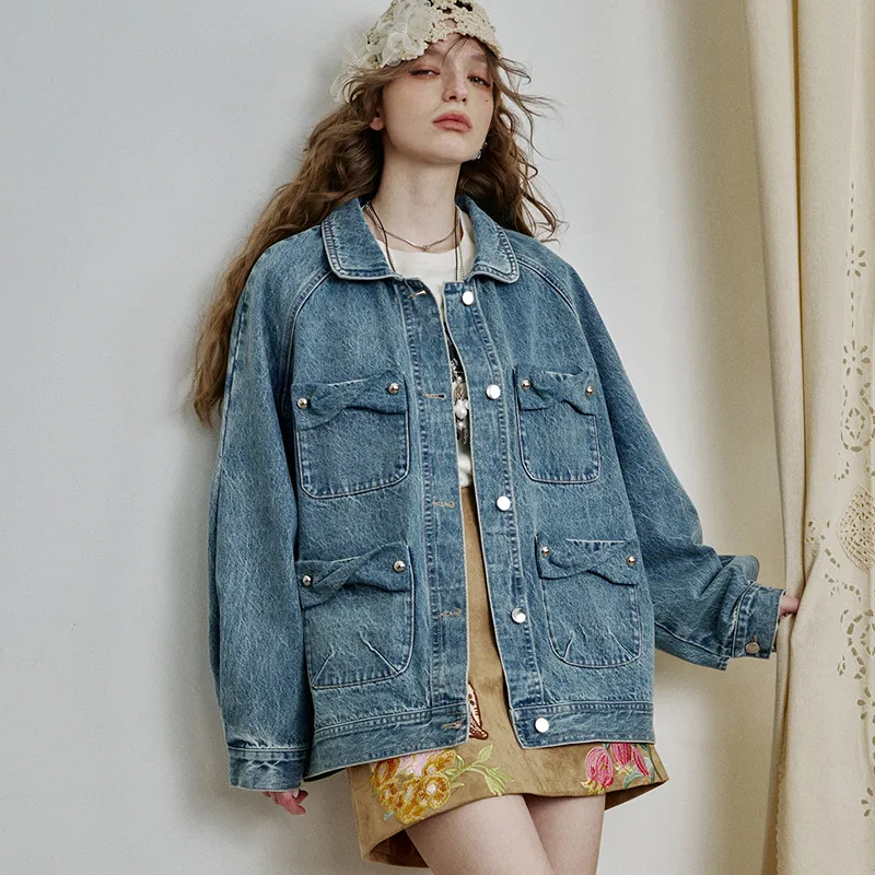 ELF SACK Denim Jacket Women's Washed Denim Blue-4