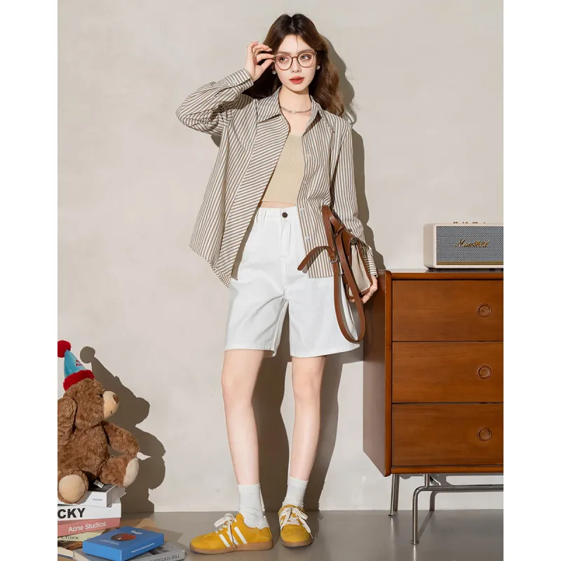 FAWENXIANGZI Shirts Women's Khaki Stripes-4