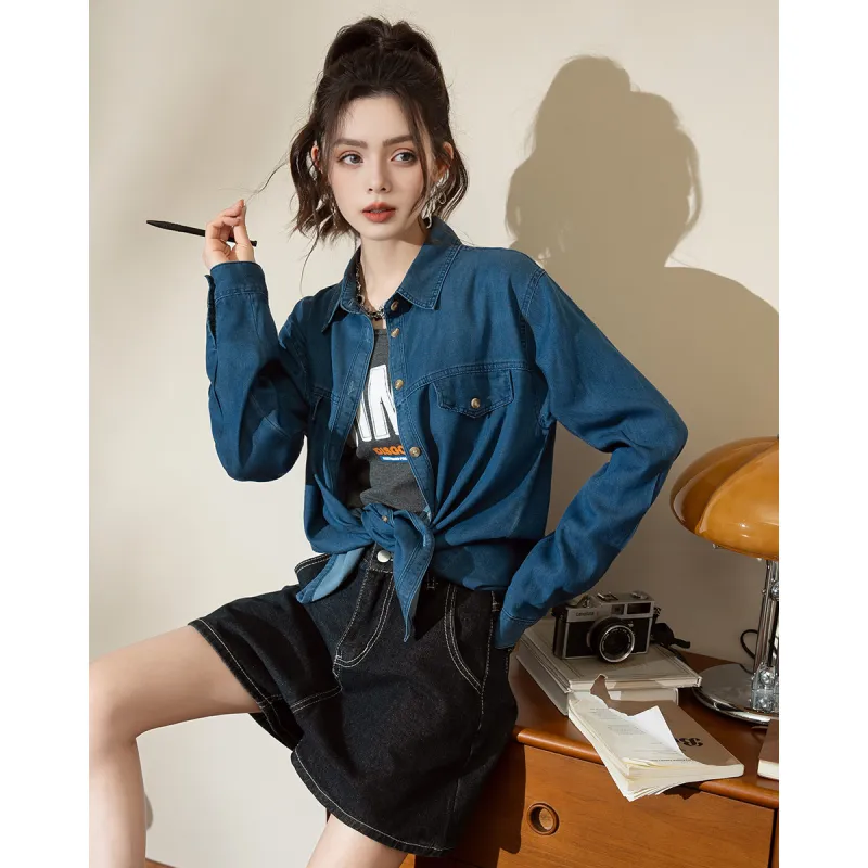 FAWENXIANGZI Shirts Women's Dark Blue-3