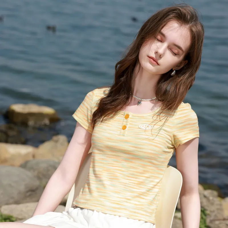 3COLOUR T Shirts Women's Yellow Cream Stripes-6