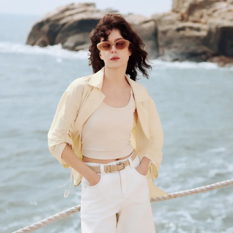 ELLE Cropped Coats Women's Beige Yellow-2