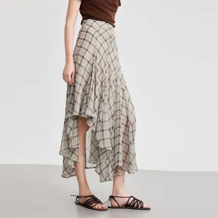 ELLE Casual Long Skirts Women's Coffee Plaid-4