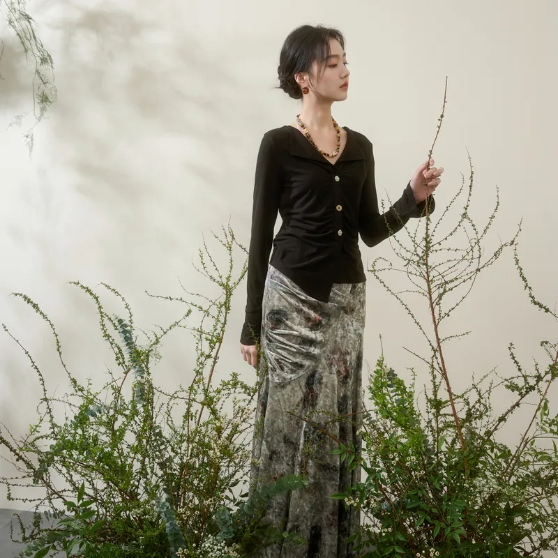 3COLOUR Casual Long Skirt Women's Green Beige Floral-6