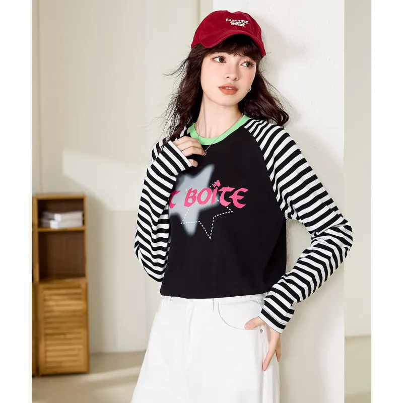 FAWENXIANGZI Raglan Sleeve T Shirt Women's Black Regular-2