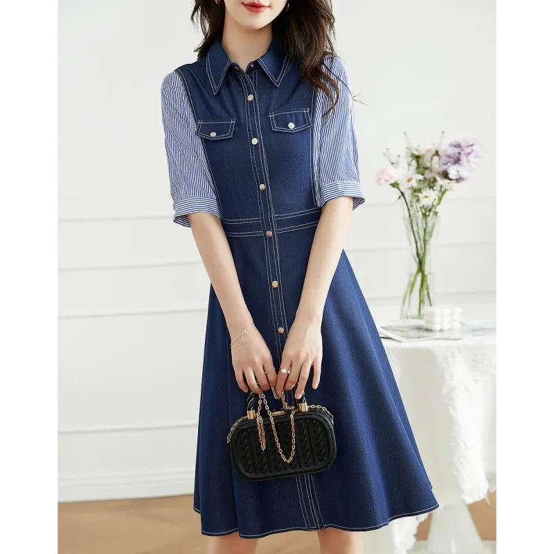 Like The Age Of Water Short Sleeved Dress Women's Denim Blue-2