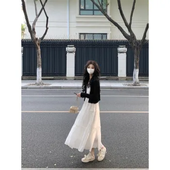 XIANSINIAO Two Piece Skirt Sets Women's Black Cardigan+Camisole Dress