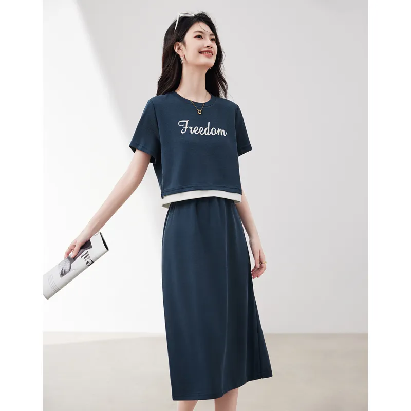 Like The Age Of Water Short Sleeved Dress Women's Navy Blue-4