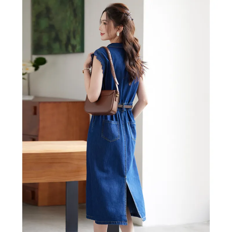 TERRE BLEUE Short Sleeved Dress Loose Fit Women's Dark Blue-6
