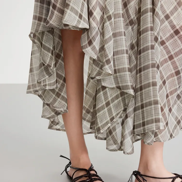 ELLE Casual Long Skirts Women's Coffee Plaid-5