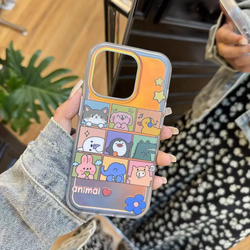Sopi Acrylic Material Laser Nine Square Grid Zoo Phone Cases Compatibility With IPhone 16/15/14/13/Pro/Max-1