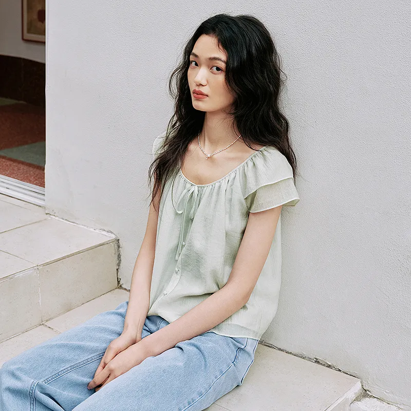 LEDIN Chiffon Shirt Women's Tasty Green In Stock-4