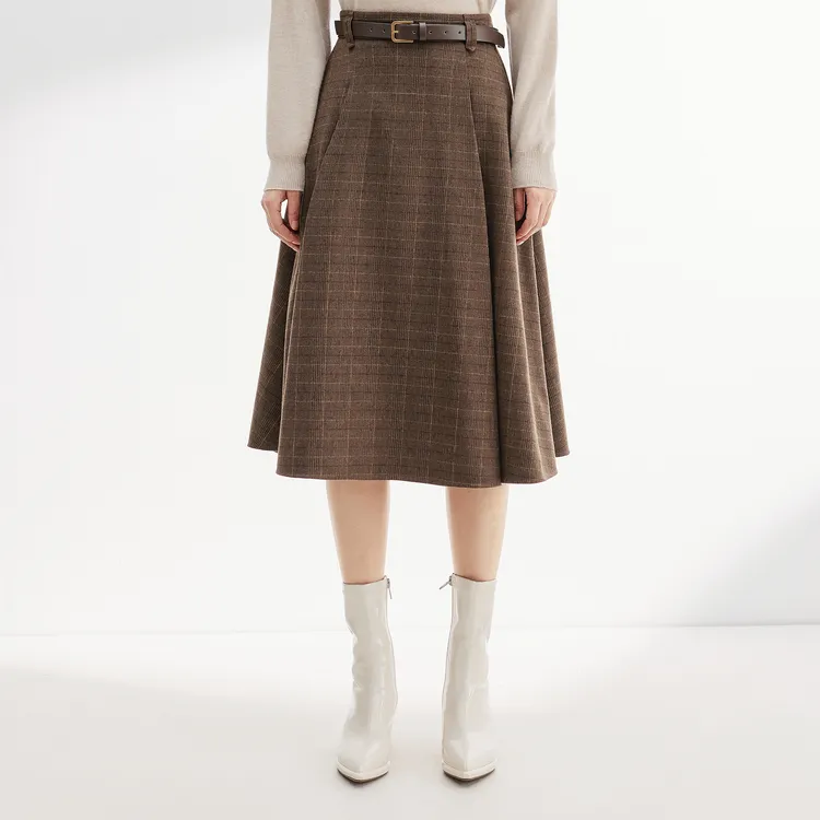 SHUIYUNJIAN Casual Long Skirts Women's Coffee Plaid-2