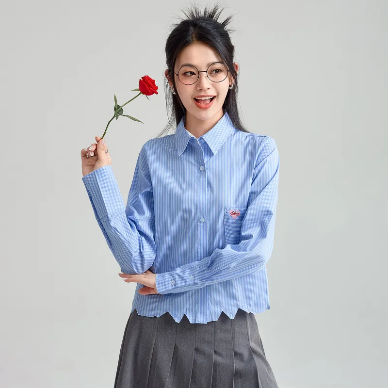 FAWENXIANGZI Spring, Fall Shirt Regular Women's Light Blue Stripes-4
