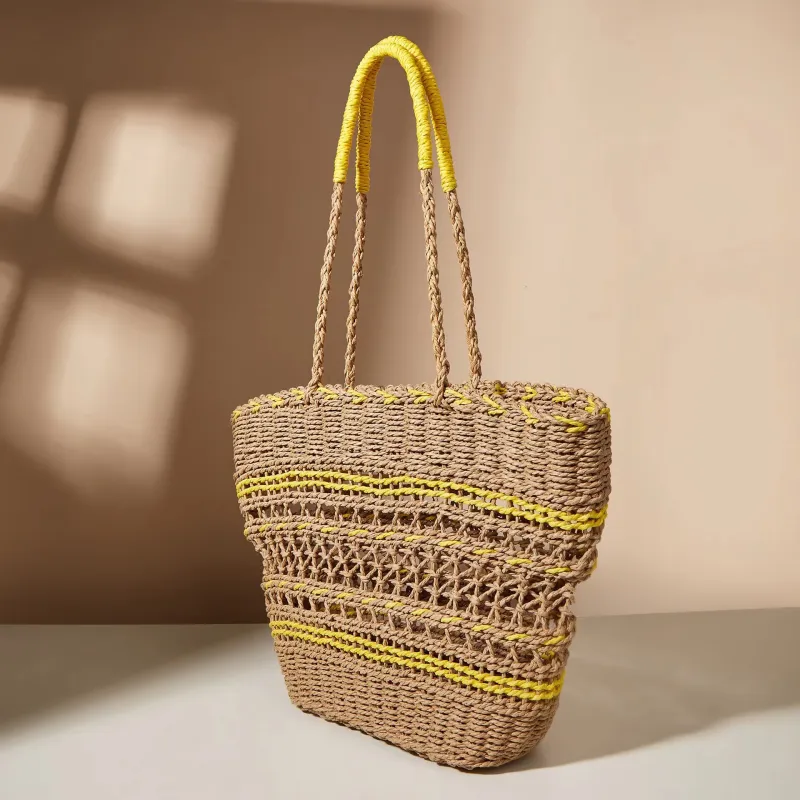 Boniu Straw Shoulder Bag Women's Blue & Camel/Yellow & Camel-3