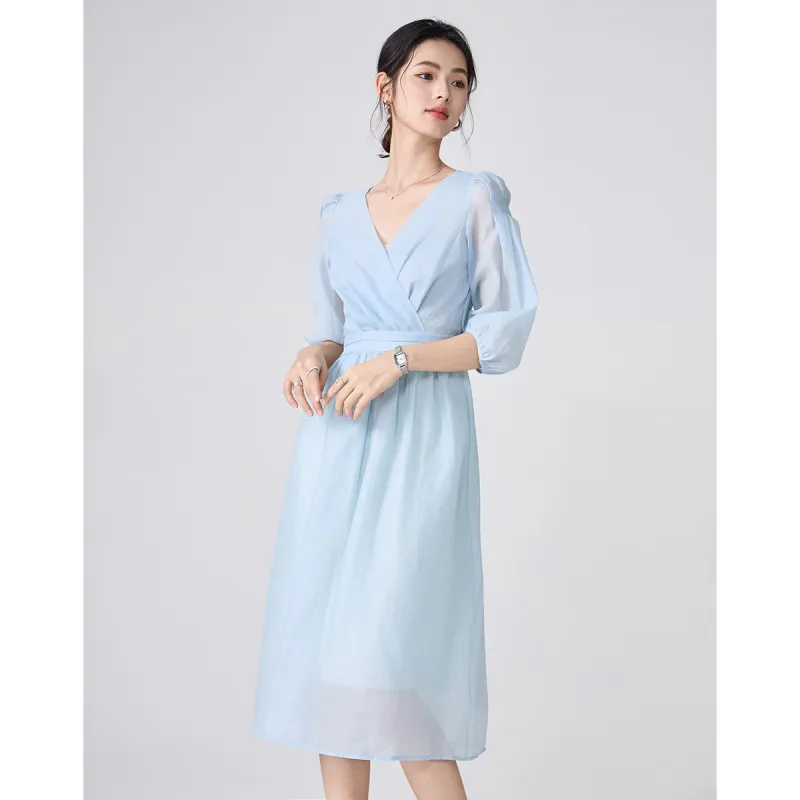 Love Elaine Short Sleeved Dress Cinched Waist Women's Light Blue-3