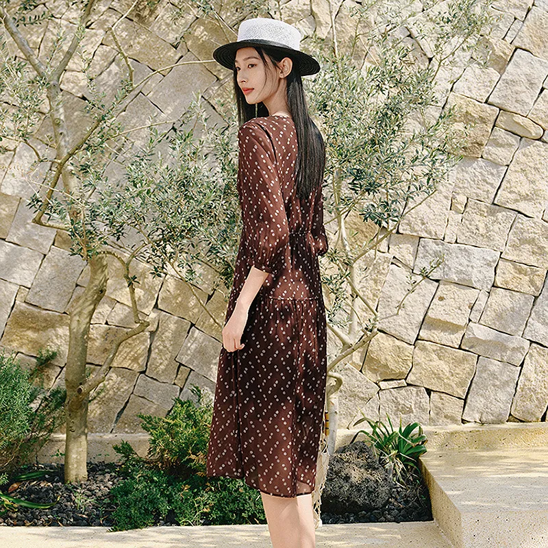 JZ. ANNAKRO Long Sleeved Dress Women's Floral Dark Coffee-3
