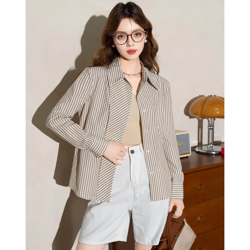 FAWENXIANGZI Shirts Women's Khaki Stripes-2