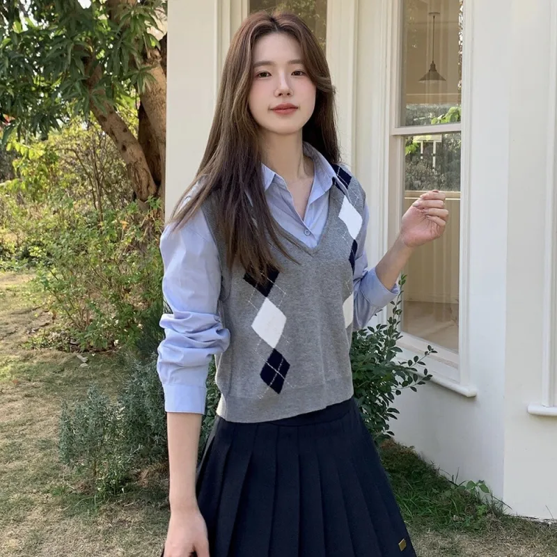 MTHE Knitwear Women's Blue Shirt+Gray Vest-4
