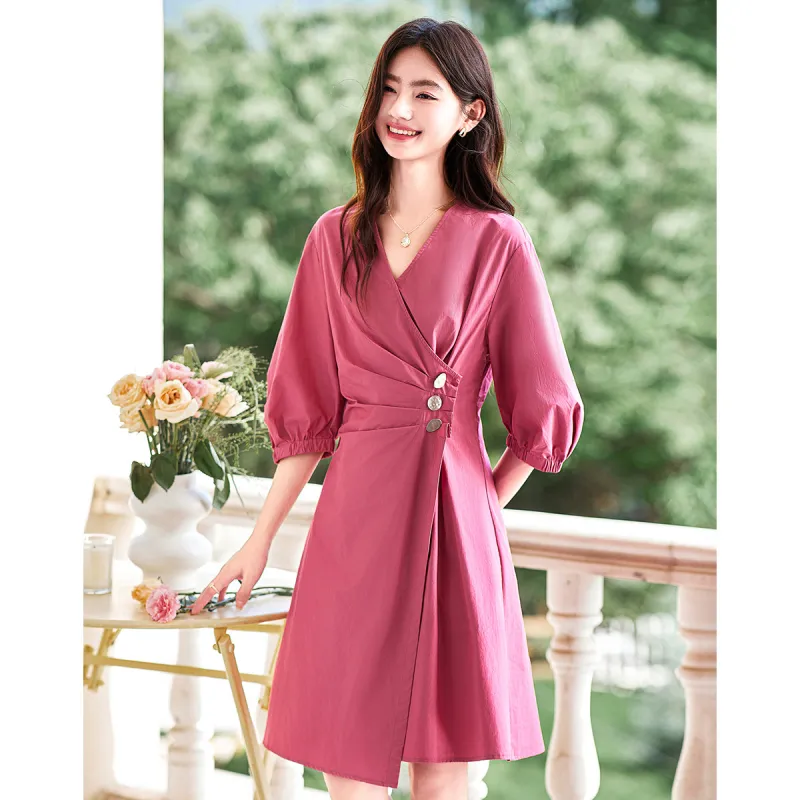 Like The Age Of Water Summer Short Sleeved Dress Women's Rose Red-0