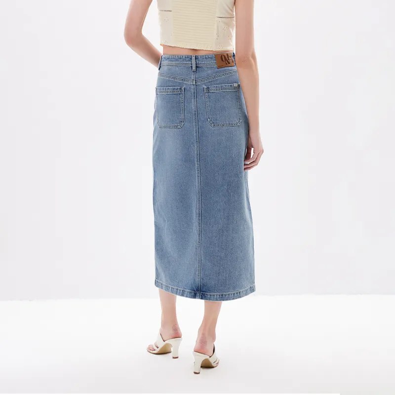 ONLY Denim Long Skirts Women's Washed Denim Blue-3