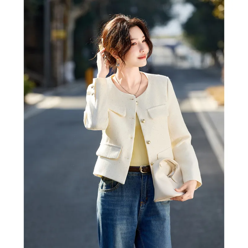 TERRE BLEUE Spring Fall Cropped Coats Loose Fit Women's Beige-6