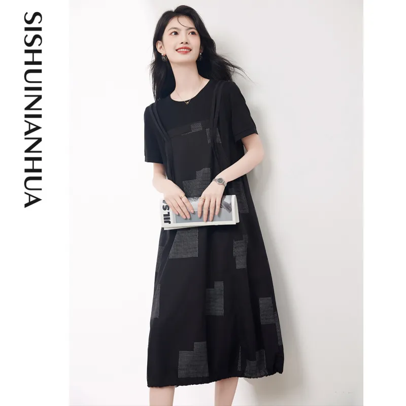 Like The Age Of Water Summer Short Sleeved Dresses Loose Fit Women's Black-1