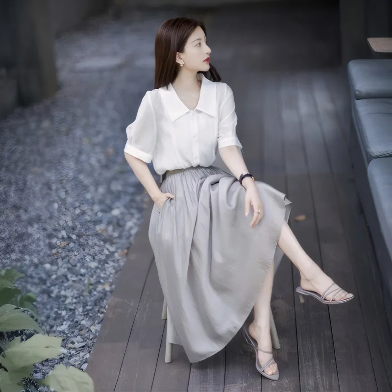 XIANSINIAO Two Piece Skirt Sets Women's Light Gray-3