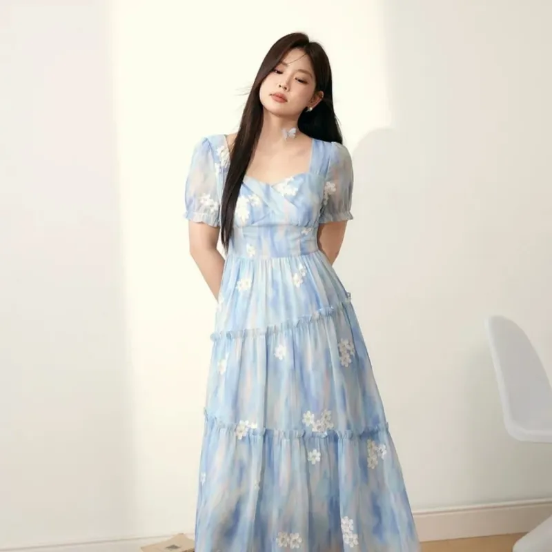 QYPRF Short Sleeved Dress Women's Blue-5