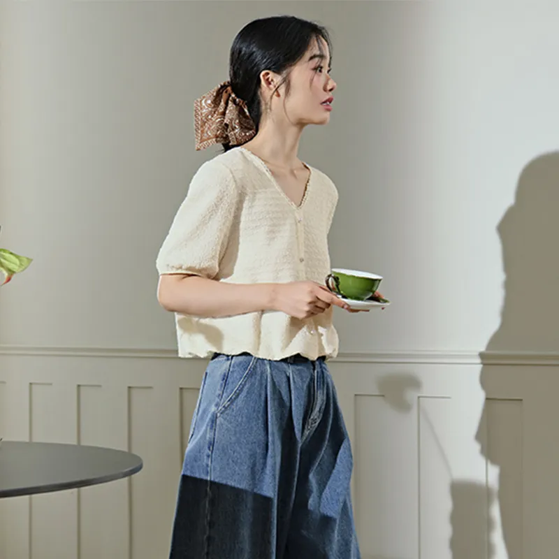 KUOSE Puff Sleeve T Shirt Women's Beige Apricot-3