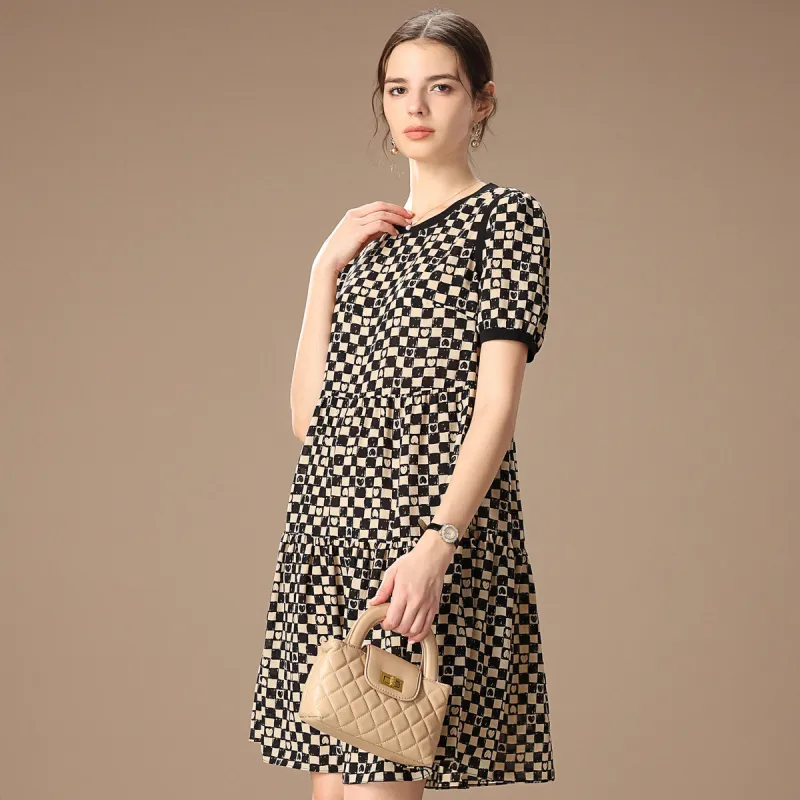 FENHONGMALI Spring Short Sleeved Dress Loose Fit Women's Checkerboard-2