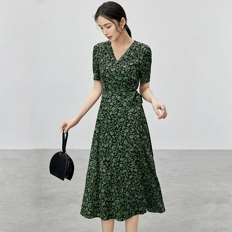 SENTUBILA Short Sleeved Dresses Women's Black With Green Floral-2