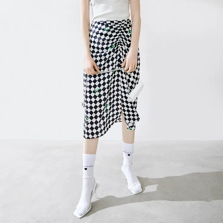 MOCO Casual Long Skirts Women's Black White Checkerboard-2