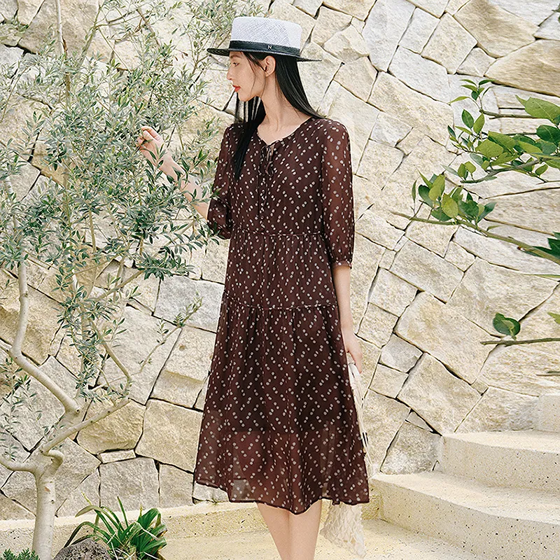 JZ. ANNAKRO Long Sleeved Dress Women's Floral Dark Coffee-4