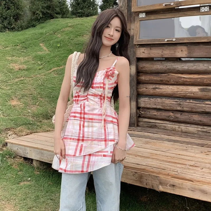 QYPRF Slip Dress Women's Red Plaid-5
