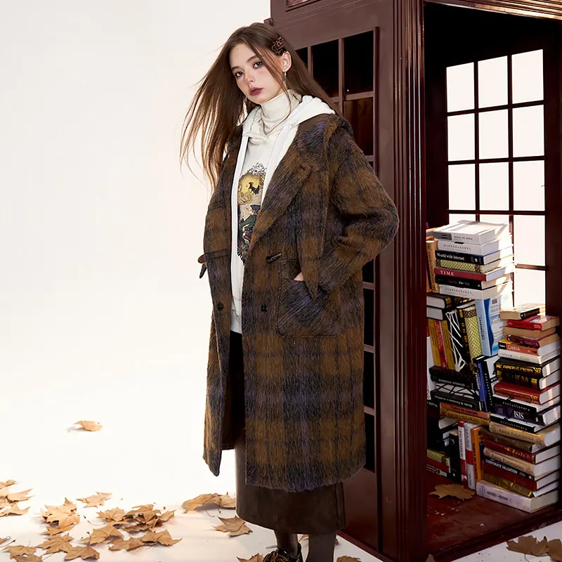 ELF SACK Coat Women's Magic Plaid Coffee-3