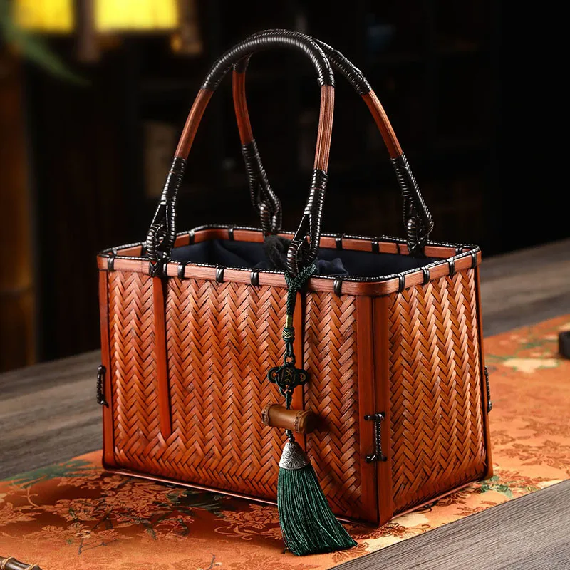 Boniu Linen Patchwork With Bamboo Handbag Regular Unisex Brown-3