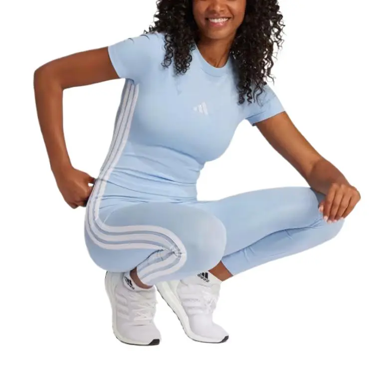 Adidas Women's Essentials 3 Stripes Slim Baby T Shirt Glow Blue/White-3