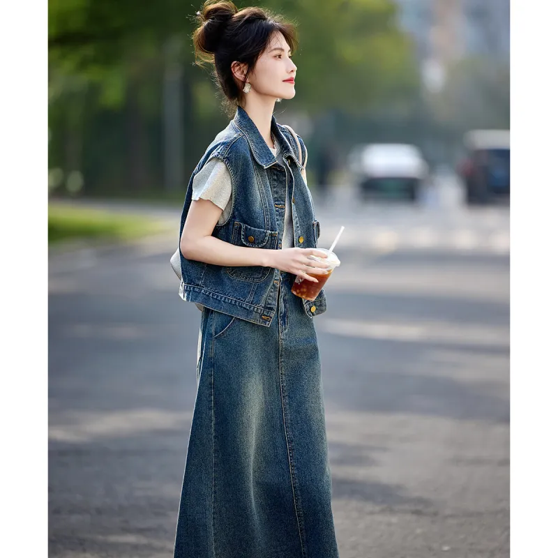 Still Quiet Skirt Set Regular Women's Denim Blue-4
