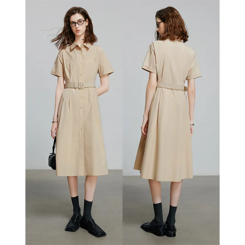 Initial Language Short Sleeved Dresses Women's Warm Apricot-3