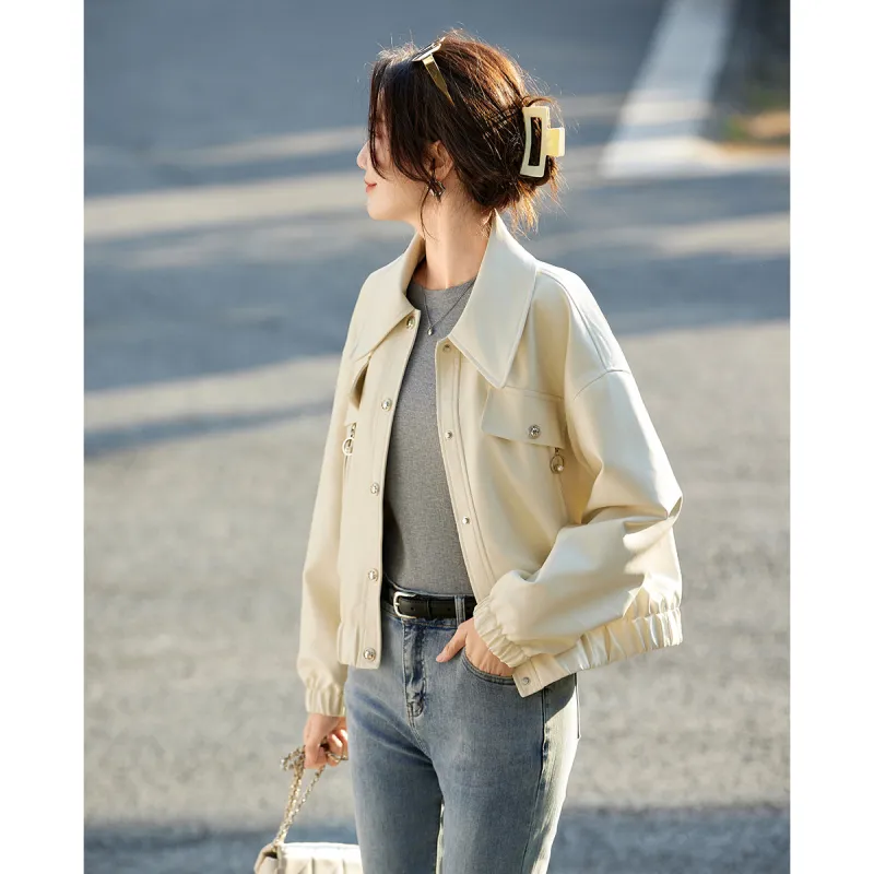 TERRE BLEUE Leather Jacket Women's Ecru-5