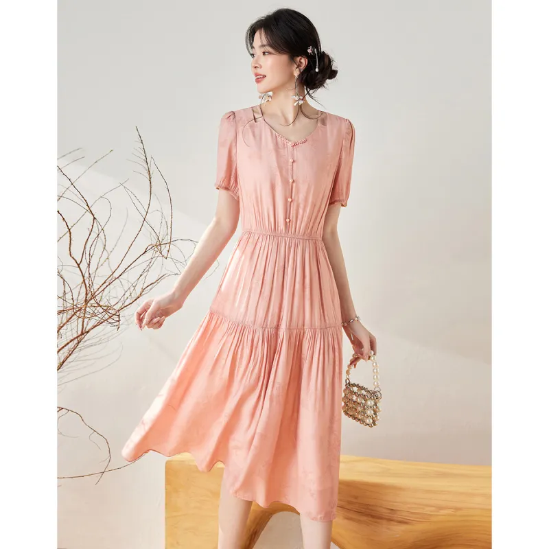 Like The Age Of Water Summer Short Sleeved Dress Cinched Waist Women's Pink-3