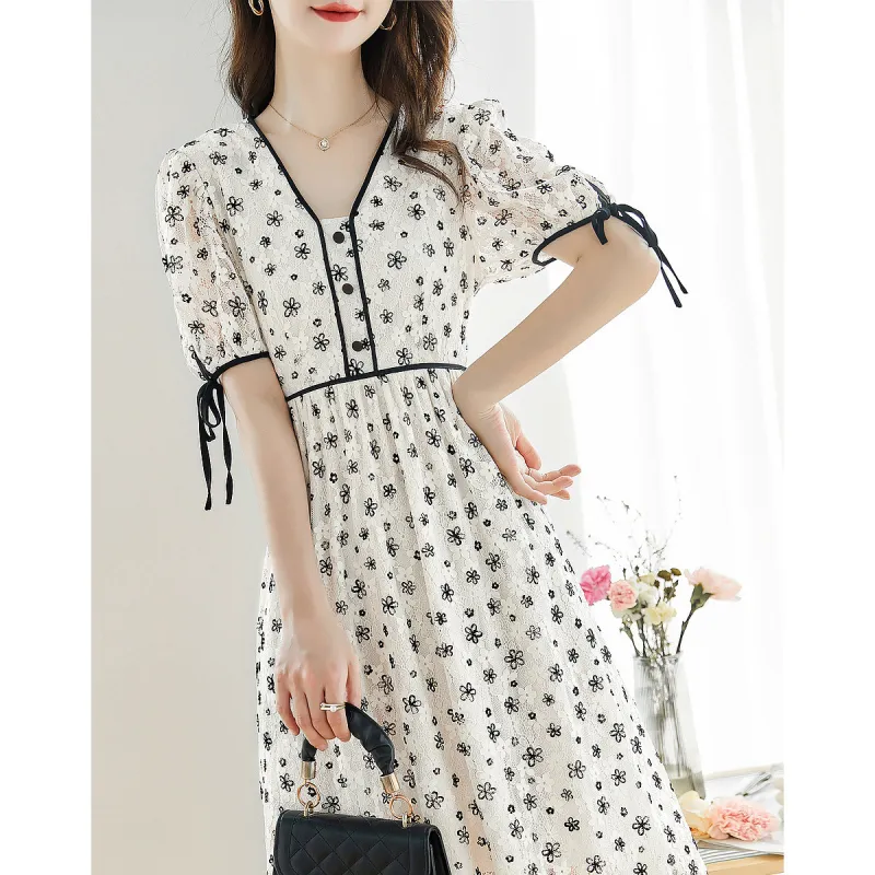 Like The Age Of Water Summer Short Sleeved Dress Regular Women's Black White-2