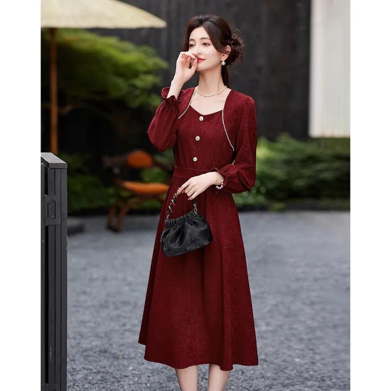Like The Age Of Water Fall Long Sleeved Dress Cinched Waist Women's Red-3