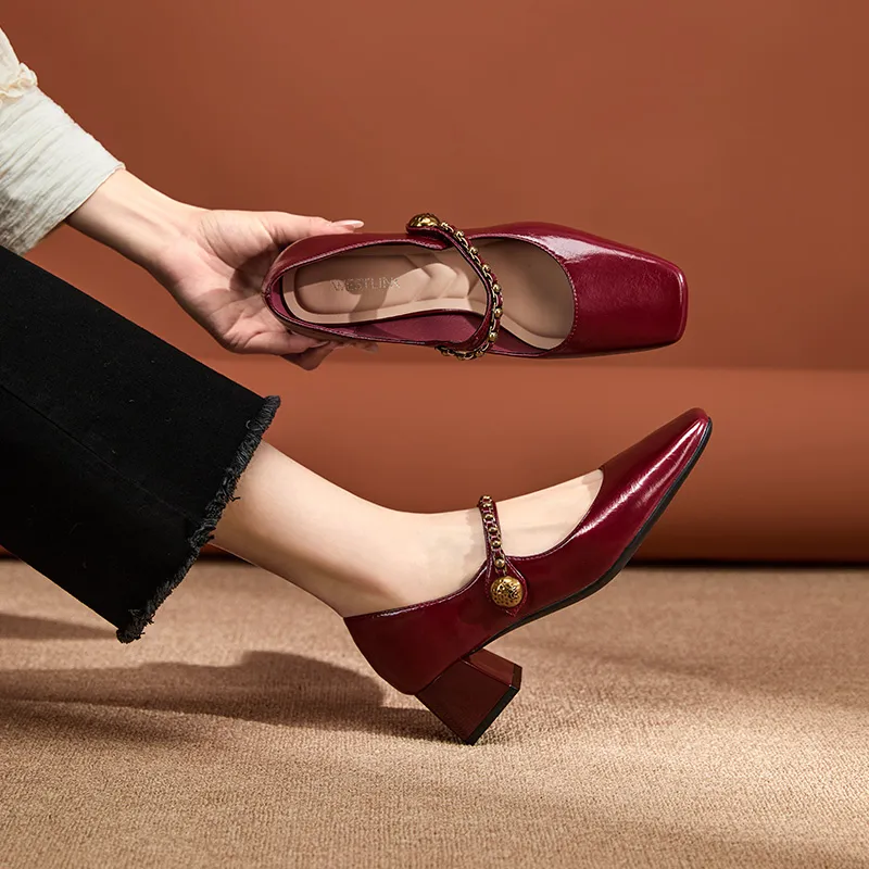 WESTLINK Square Toe Chunky Heel Retro Texture Metal Chain Mary Jane High Heels Unlined Shoes Women's-10