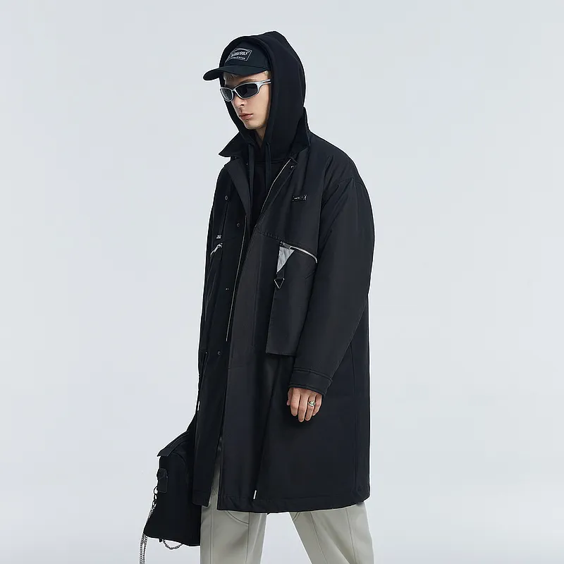 Lilbetter Solid Color Stand Collar Loose Fit Long Puffer Jacket Men's Black-5