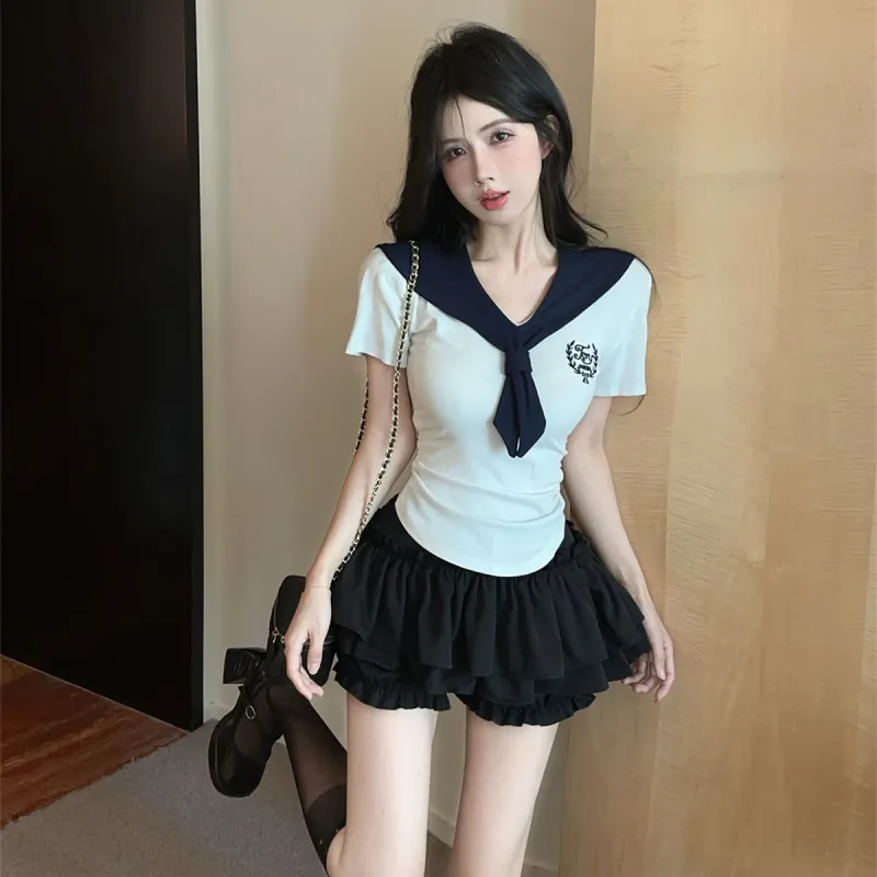 XIANSINIAO Two Piece Skirt Sets Women's White Short Sleeved Top+Black Skirt Pants-3
