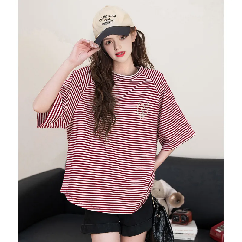 FAWENXIANGZI Summer Raglan Sleeve T Shirt Women's Red & White Loose Fit-4