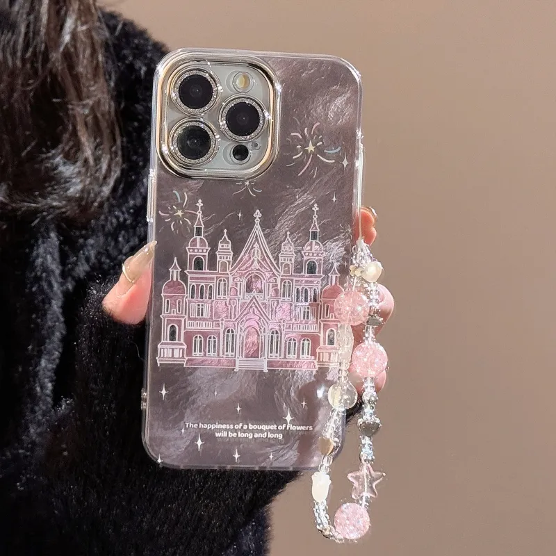 QIZHENG ABS+PC Material Girlish Smoke Castle With Chain Phone Case Compatible With Apple 16 Pro Max/15/14/13/12/11-5