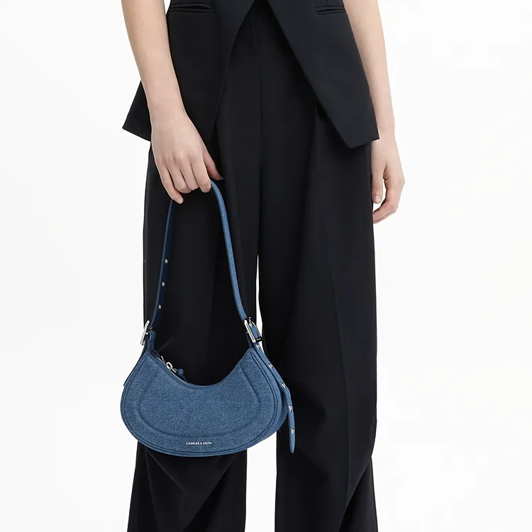 CHARLES&KEITH Denim Shoulder Bag, Pea Bag Single Shoulder Bag Women's Dark Denim Blue-3
