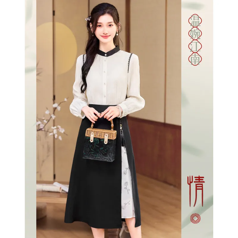 Like The Age Of Water Spring Long Sleeved Dress Loose Fit Women's Black-4